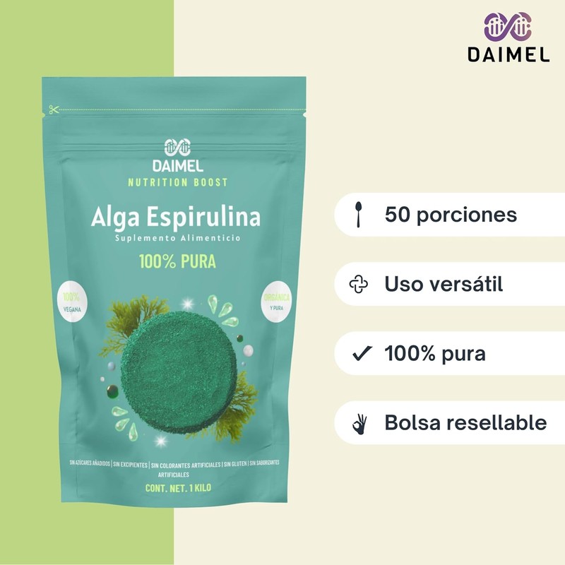 Daimel | Alga Espirulina Pura En Polvo 1kg Superfood Orgánica