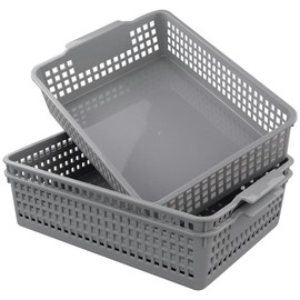 Bblina A4 Plastic Storage Basket, 3-Pack Shallow Storage Trays, Grey