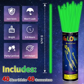 ZSMKJIAYE 40 Pack 8” Green Glow Sticks Bracelet Necklaces Bulk with 40 Connectors Neon Glow In The Dark Party favors Supplies for Holiday Birthday Party Decoration (Green)