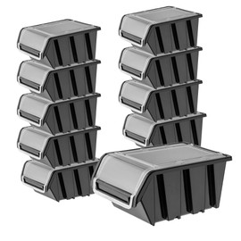 KADAX Stacking Box with Lid, Storage Box Made of PP Plastic, Visual Storage Box in Various Sizes and Colours, Storage Boxes with Flap for Tool Wall (Black, Pack of 10 - 195 x 120 mm)