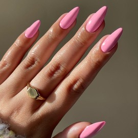 KQueenest Baby Rosa Press On Nails Medium Almond - Acrylic Nails for Gluing, Natural Plain Fake Nails Fingernails for Gluing, Shiny Gel Full Cover False Nails for Women, Pack of 24