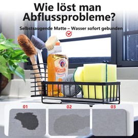 sapisecret Kitchen Sink Organiser with Quick-Drying Diatomite Plate - Black Stainless Steel Kitchen Sink Organiser for Dishwashing Liquid, Sponges, Kitchen Utensils (Sink/Sink Organiser)