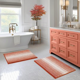 Bathroom Rugs and Mats Sets, 2 Piece Thick Absorbent Chenille Bath Mat Rug Set Non Slip, Soft Shaggy Bath Room Floor Mats for Bathroom, Machine Washable (Sunset Orange, 20" x 32" Plus 16" x 24")