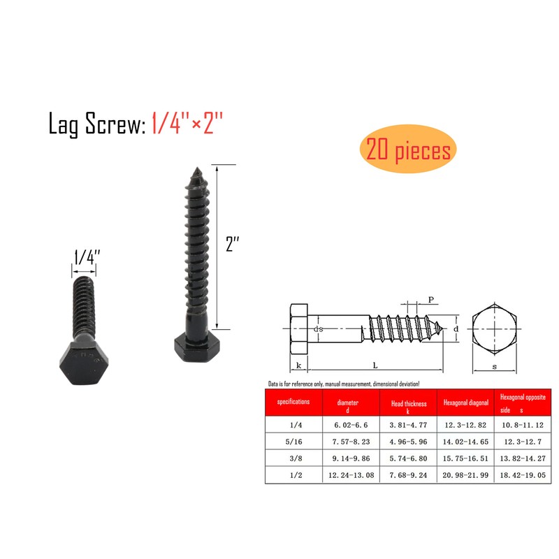 LBY 20pcs Lag Screws, 1/4" x 2" Hex Head Lag