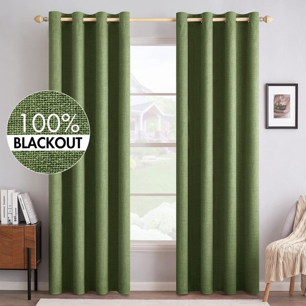 MIULEE 100% Blackout Linen Textured Curtains for Bedroom Solid Thermal Insulated Olive Green Grommet Room Darkening Curtains & Drapes Luxury Decor for Living Room Nursery 52 x 108 Inch (2 Panels)
