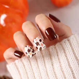 Artquee 24 Pcs Brown Press on Nails Short with White Fall Leaf Designs Square Fake Nail Artificial False Nails Art Tips Full Cover Reusable Stick on Nails Kit for Women