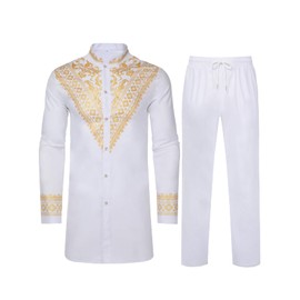 Daupanzees Men's African 2 Piece Set Luxury Traditional Suit Stamp Print Dashiki Button Down Shirt and Pants Outfit White 3XL