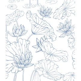 Safiyya 17.3"x393" Peel and Stick Wallpaper Blue Contact Paper Peel and Stick Wall Paper Lotus Floral Modern Self Adhesive Removable Wallpaper for Bedroom Covering Vinyl Rolls