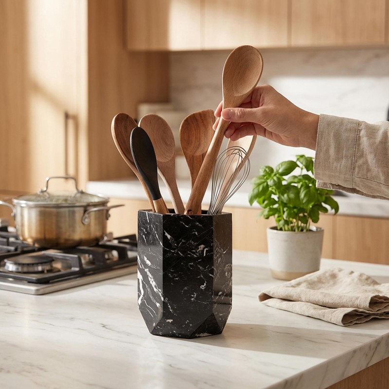 Radicaln Marble Utensil Holder 6.5'' Inches Black Spatula Set for