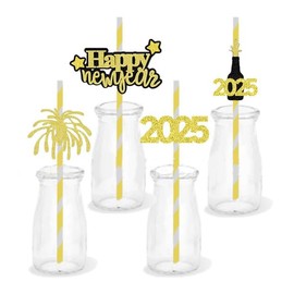 Dusenly Pack of 24 2025 New Year Party Paper Straws Golden Glitter Disposable Drinking Straws for 2025 New Year's Eve Party Decoration Supplies