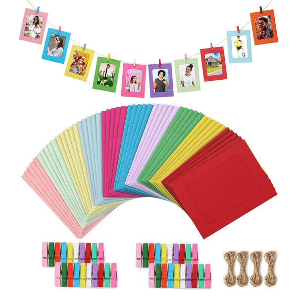 Pack of 40 Paper Photo Frames, 10 Colors + String + Colorful Mini Clothespins, Colorful Cardboard Photo Frames, DIY Collage Photo Frames, 4.5 x 6.1 inches (Colorful)