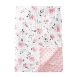 david's kids Muslin Baby Blanket for Girls, Soft Lightweight Blanket with Muslin Cotton Front, Dotted Fleece Backing, Breathable Receiving Blanket for Newborns, 30x40 Inches, Floral