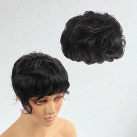 (Black) Partial wig human hair top cover wavy crown wig short perm human hair wig (WFLO373) / (블랙) 부분가발 인모 탑커버 웨이브 정수리가발 숏펌 인모가발 (WFLO373)