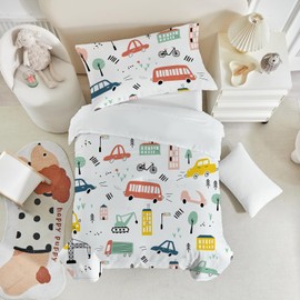 ROZTYLJ Cot Bed Duvet Cover Set Car Patterns Toddler Bedding Set For Boys Microfiber Cot Duvet Cover 120x150cm & Pillow Case 40x60cm