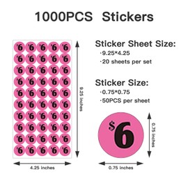 DUGUTUL 1000 pcs $6 Color-Coded Price Stickers for Garage Sale and Flea Market, 3/4" Diameter - Bold Fonts, Clear Visibility, High Visibility, Easy Organization