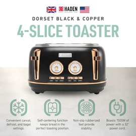 Haden Dorset 4 Slice Wide Slot Stainless Steel Toaster with Adjustable Browning Control & Non-Slip Feet, Black & Copper
