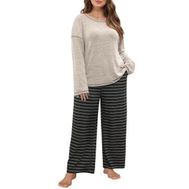Blooming Jelly Womens Plus Size Pajamas Sets Cute 2 Piece Lounge Set Color Block Matching Fall Pjs Loungewear Pockets (XL,Apricot-Black stripes)
