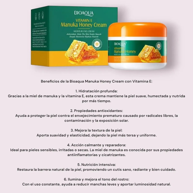 Bioaqua Crema Facial Vitamina E, Miel, Repara, Alisa, Antiox