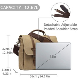 Kasqo Messenger Bag for Men, 15.6 Inch Satchel Bag Waterproof Vintage Canvas Briefcase Work Bag Padded Shockpoof Computer Laptop Bag for School Business Daily Travel, Khaki