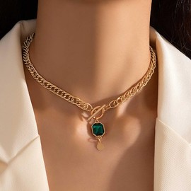 Cimenexe Bohemian Emerald Square Choker Necklace Green CZ Square Pendant Necklace Gold Crystal Coin T Bar Necklace Cuban Curb Link Chain Necklace Jewellery for Women and Girls, Zinc