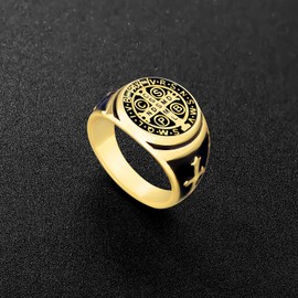 Odinstone Sterling Silver St Benedict Ring, Saint Benedict Exorcism Ring Catholic Roman Cross Protection Amulet Gifts for Men Size#7-13, 10, Sterling Silver, No Gemstone