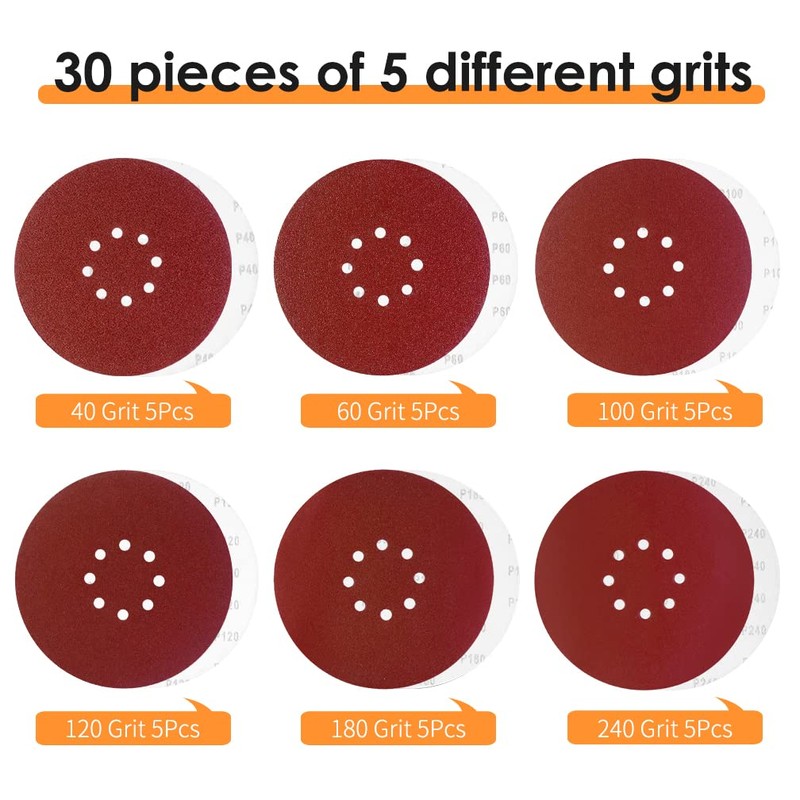 Viaky 30 Pcs 225mm Sanding Discs, 9 Inch 8 Hole