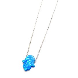 Blue Opal Hamsa Hand Necklace, Elegant Sterling Silver Chain, Meaningful Amulet for Protection, Perfect Gift for Birthdays