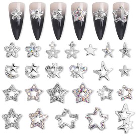 DANNEASY 24pcs Star Nail Charms 3d Silver Flat-back Nail Rhinestones Crystal Hollow Nail Studs Charms for Nails Alloy Nail Jewels Nail Art Decoration Acrylic Nails Accessories
