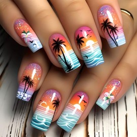 Waves French Tip Press on Nails Medium Long Coffin Fake Nails with Designs Flower Glue on Nails Coconut Tree False Nails Summer Sky Acrylic Nails Glossy Full Cover Stick on Nails for Women