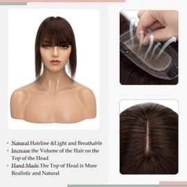 S-noilite Silk Base Clip In Hair Topper with Bangs Human Hair Remy Brown Topper Wigs with Wispy Bangs Clip on Toupee Top Hair Piece For Women with Thinning Hair (14 Inch,Dark Brown)