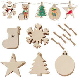 JUYOO 50PCS Wooden Christmas Tree Decoration Set Christmas Wooden Ornaments Wooden Ornaments - Round Wood Slices Wood Snowflake Star Christmas Tree Socks with 60 Pcs Rope, 5 Style