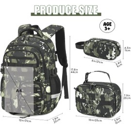 Tecoloy Camo Backpack for Boys, 3PCS Tactical Kids Backpack Boys with Lunch Box & Pencil Case, Waterproof Military Army Bookbag for Elementary Middle School Teens, Boys School Bag Ages 6-14