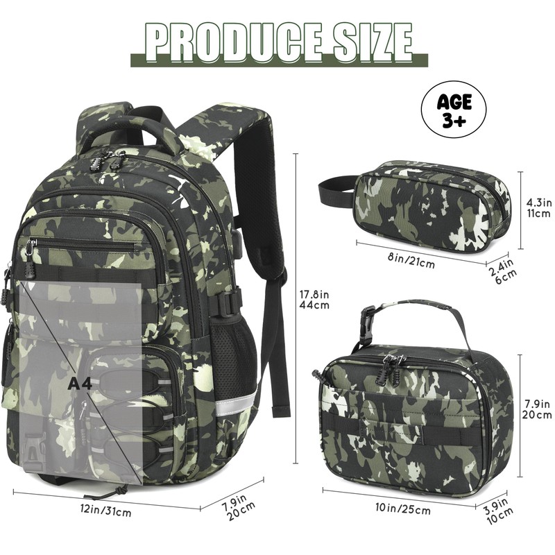 Tecoloy Camo Backpack for Boys, 3PCS Tactical Kids Backpack Boys
