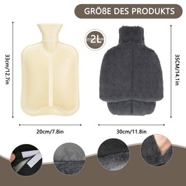 Wärmflasche mit Bezug 2 L, Wärmeflasche mit Fußwärmer Tasche, Auslaufsichere Flauschige Wärmflasche, lindern Nacken und Schulter, Rücken, Bein und Taille Schmerzen Erwärmung Wasserbeutel Grau
