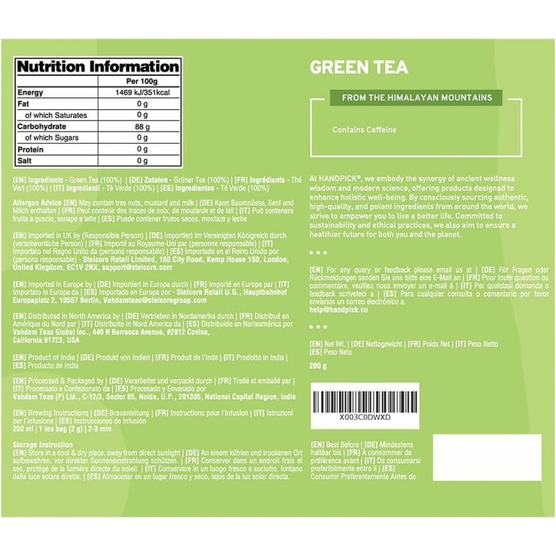 HANDPICK, Organic Green Tea Bags - 100 Eco-Friendly Tea Bags