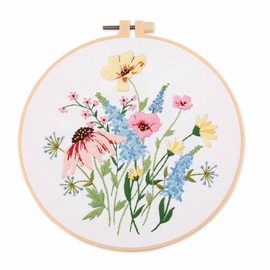Elvaesther Embroidery Starter Kit, Cross Stitch Kits with Stamped Easy Flowers Patterns, DIY Flower Pattern Embroidery Kit with Hoop Handmade Cross Stitch Kits for Craft Lover 1#