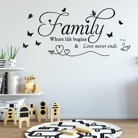 Family Where Life Begins and Love Never Ends Sayings Wall Stickers Family Letter Quote Removable Vinyl Decal Art Mural Wall Decor for Living Room Bedroom Kitchen