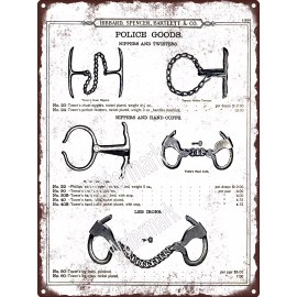 1899 Police Legs Irons Hand Cuffs Nippers Twisters Metal Sign 9x12" 60834