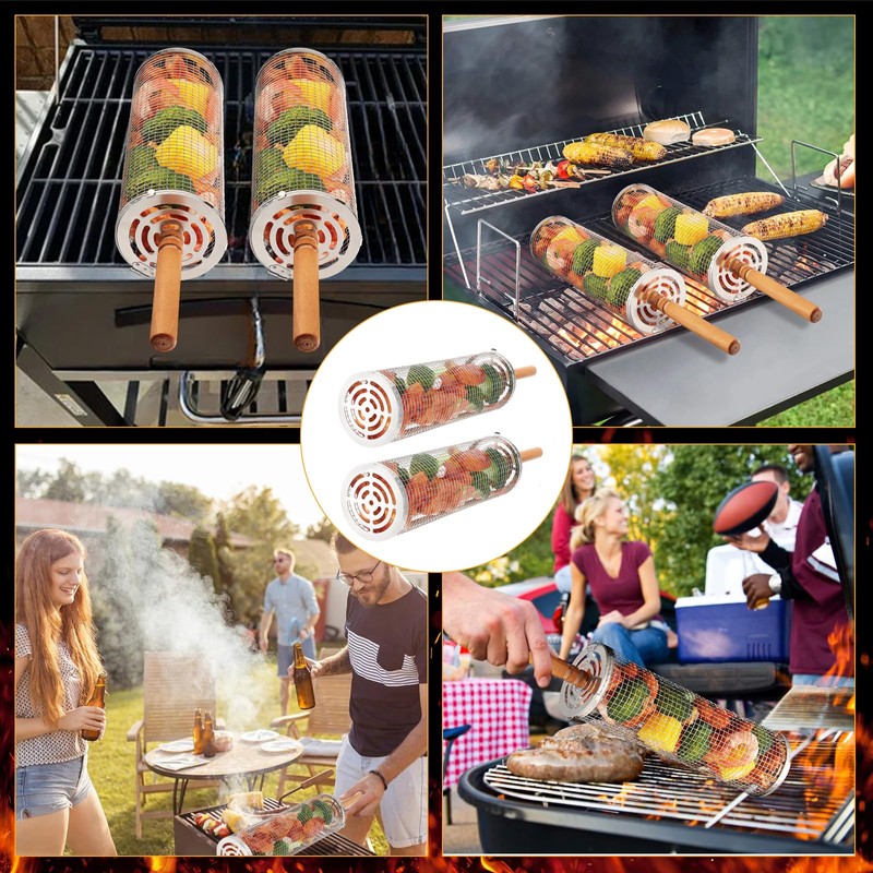 Kyrio 2 x Stackable BBQ Baskets 304 Stainless Steel Roller