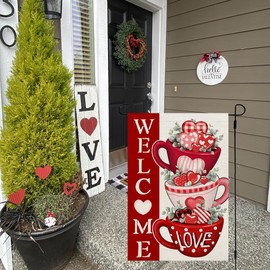 CROWNED BEAUTY Valentines Day Garden Flag 12x18 Inch Double Sided for Outside Small Welcome Burlap Red Hearts Eucalyptus Holiday Yard Decoration