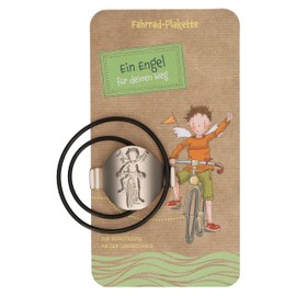 Butzon & Bercker Bicycle plaque with guardian angel motif made of rust-proof metal with stretchy rubber ring, diameter 3 cm (an angel for your way)