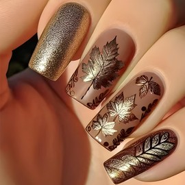 Vopintpy Vintage Thanksgiving Press on Nails Fall Glitter Maple Leaves Fake Nails Long Square Acrylic Glue on Nail Matte Autumn Maple Leaf Stick on Nail for Women DIY Manicure
