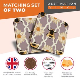 Great Coasters (Set of 2) Square/Glossy Quality Coasters/Tabletop Protection for Any Table Type - Art Deco Bumble Bee Flower #2139