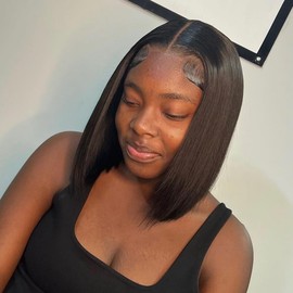 Aorbige 13x4 HD Full Frontal Transparent Lace Frontal Bob Straight Human Hair One Donor Hair Wig 100% Top Grade Hair 200% Density with Natural Black Color for Black Women (Natural Black, 10inch)