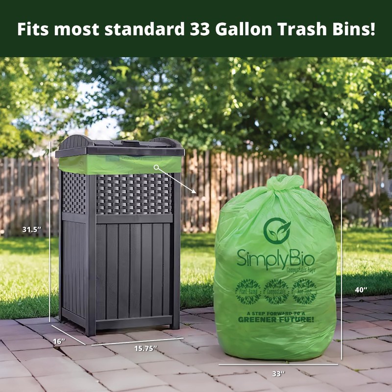 Simply Bio 30-33 Gallon Compostable Trash Bags Liners Flat-Top, Heavy