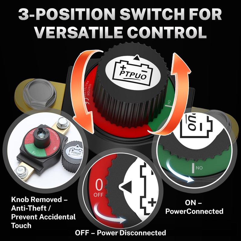 PTPUO Side Post Battery Disconnect Switch 12V–48V, Nylon 66 &
