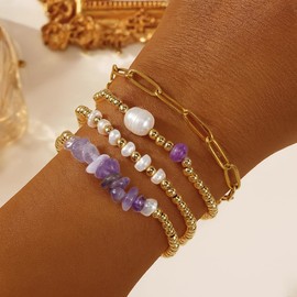 SHINUS BOHO Paperclip Crystal Gemstone 18K Gold Amethyst Purple Quartz Beaded Stack Bracelets Sets for Women,Charm Bohemian Stackable Natural Stone Pearl Bracelet Healing Stretch Trendy Gifts