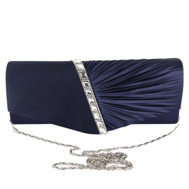 ele ELEOPTION Womens Pleated Satin Diamante Ladies Envelope Handbag Wedding Bridal Prom Handbag Clutch Bag Evening Party Purse Chain Bag (Navy Blue)