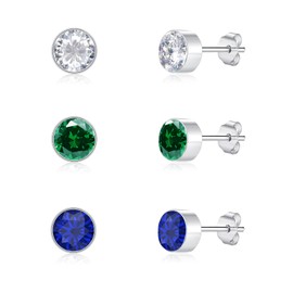 Loutade Silver Studs Earrings for Women, 3 Pairs 925 Sterling Silver Stud Earrings Set with Cubic Zircon, Hypoallergenic 6mm CZ Tiny Cartilage Silver Sleeper Stud Earrings Gift for Xmas Birthday