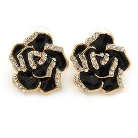 20mm D/Black Enamel Crystal Rose Stud Earrings/Gold Tone